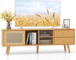 COSTWAY TV-Ständer aus Bambus für Fernseher bis zu 65 Zoll, moderner TV-Konsolentisch mit Glas- & PE-Rattan-Tür, TV-Schrank mit 2 Schubladen & Schiebetüren