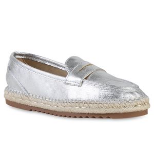 VAN HILL Damen Espadrilles Slippers Bast Profil-Sohle Schlupf-Schuhe 841129, Farbe: Silber, Größe: 40