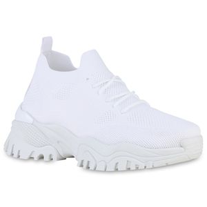 VAN HILL Damen Plateau Sneaker Schnürer Strick Profil-Sohle Plateau-Schuhe 840341, Farbe: Weiß, Größe: 39