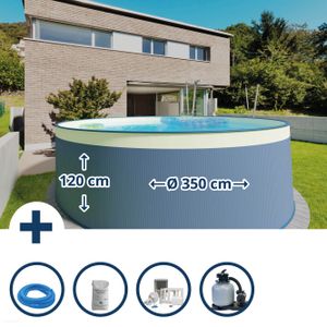 Stahlwandpool Set (5-teilig) rund 350 x 120 cm, Stahl 0,4 mm anthrazit Folie 0,3 mm sand