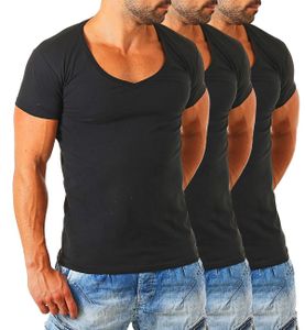 Young & Rich Herren Uni T-Shirt mit extra tiefem V-Ausschnitt slimfit deep V-Neck stretch dehnbar Basic Shirt 1315, Grösse:M, Farbe:Schwarz - 3 Stück