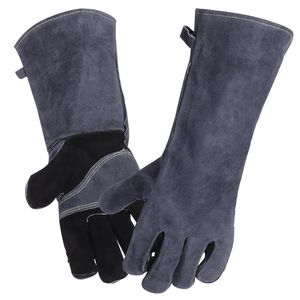 Schweißhandschuhe Hitze -resistenter Handschuh Lederhandschuhe 40 cm für Ofen/Grill/Kamin/Ofen/Herd/Topfhalter/Grill/Haustierhandling(Grau)