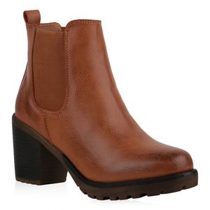 Mytrendshoe Damen Stiefeletten Chelsea Boots Profilsohle Blockabsatz Schuhe 73082, Farbe: Tan, Größe: 39