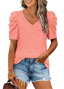 ASKSA Damen T-Shirt Sommer V-Ausschnitt Bluse Lässige Tunika Tops Puffärmel Shirts Einfarbig Oberteil , Rosa, XXL