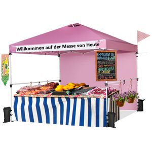 COSTWAY 3x3m Pop Up Pavillon mit Seitenwand, Faltbarer Gartenpavillon mit hängenden Querstangen, Bannerstreifen & Rolltasche, UV-Schutz 50+, tragbarer Faltpavillon für Markt, Terrasse, Camping (Rosa)