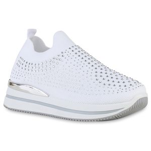 VAN HILL Damen Plateau Sneaker Strass Profil-Sohle Stoff Schuhe 840914, Farbe: Weiß, Größe: 37