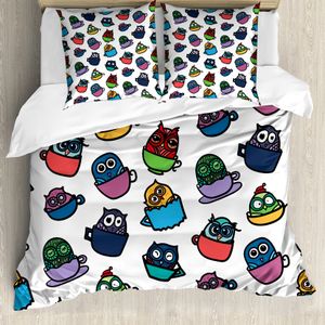ABAKUHAUS Eulen Bettbezug, Lustige Eule in Kaffeetasse, Milbensicher Allergiker geeignet mit Kissenbezügen, 155 cm x 220 cm - 80 x 80 cm, Mehrfarbig