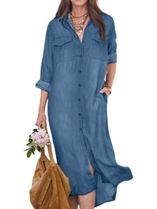Damen Langarm Blusenkleider Casual Mit Tasche Midi Kleider Single Denim Shirt Kleid Blau,Größe XL