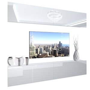 BELINI Wohnwand Vollausstattung Wohnzimmer-Set Moderne Schrankwand mit LED-Beleuchtung Weiß Glänzend Anbauwand TV-Schrank Weiß Glänzend