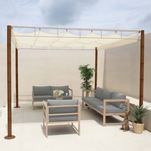 Pergola MCW-L42, Garten Pavillon Terrassenüberdachung, stabiles 7cm-Metall-Gestell 3x3m Bambus-Optik  creme-weiß