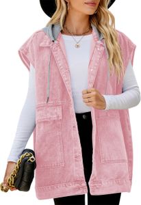 ASKSA Damen Jeansweste Kapuze aermellos Laessige Locker Elegante Jeansjacke Jacke Mantel, B Rosa, XL