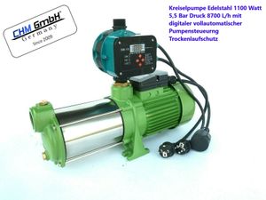 CHM GmbH® Gartenpumpe mit Druckschalter Wasserpumpe, Kreiselpumpe Edelstahl 5,5 Bar 8000 L/h