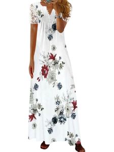 Damen V-Ausschnitt Summer Beach MaxiKleider Fashion Lace Kurzarm  Hohe Taille Kleid  Rosenrot,Größe:L