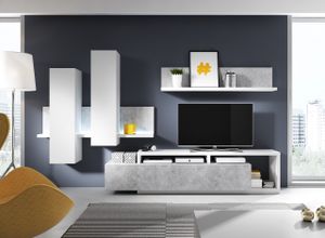 Wohnwand Wohnzimmer - Set BOTA weiß / beton colorado TV Lowboard Hängeschränke Wandregal mit LED Beleuchtung