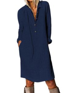 Etuikleider Damen Repel Kragenkleider Baggy V Hals Kleid Button Down,Farbe:Dunkelblau,Größe:Xl