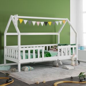 Merax detská posteľ 90x200cm s ochranou proti vypadnutiu a lamelovým roštom, posteľ domček s komínom, detská posteľ na hranie z borovicového dreva, biela