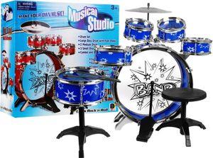 6-Trommeln Percussion für Kinder 3+ blau 8 el. + Hocker Becken 2 Sticks