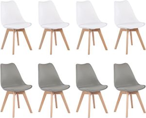 H.J WeDoo 8er Set Esszimmerstühle mit Massivholz Buche Bein, Skandinavisch Design Gepolsterter Stuhl Küchenstuhl Schalenstuhl Holz, 4 Grau + 4 Weiß
