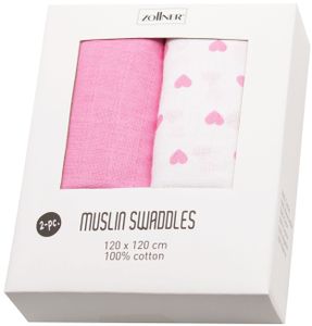 2er Set Spucktücher, 120x120 cm, 100% Baumwolle, weiß / rosa mit Herzen