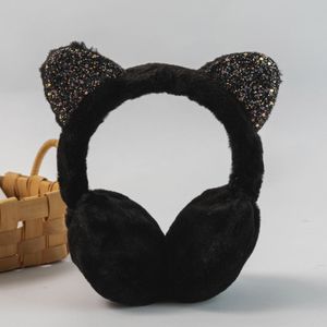 Faltbare Ohrenschützer mit Pailletten, für Damen und Mädchen, Verstellbar Faltbare Katzenohren Plüsch Warmer Ohrmuscheln(Black)