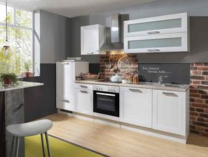 Küchenblock White Premium Landhaus  270 cm mit Glaskeramik Kochfeld und Geschirrspüler in Lacklaminat weiss