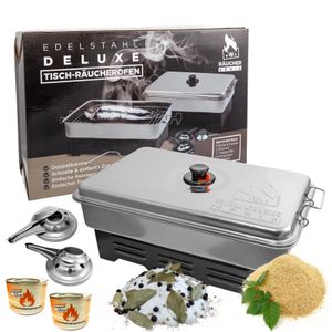 Deluxe Edelstahl Tischräucherofen + Räuchermehl Buche + Räucherlauge + Brennpaste