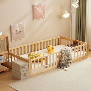 FCH Kinderbett, Bodenbett, Zaunbett, Holzbett mit Rausfallschutz und Tür, Spielbett, für Kinder  200*90cm, 41.5cm, Naturbelassen