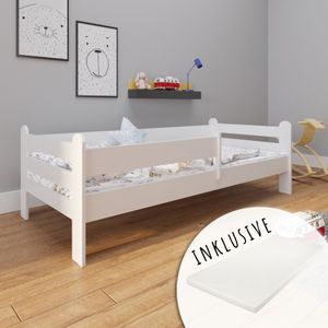 Kinderbett 180x80 mit Matratze, Rausfallschutz & Lattenrost in weiß 80 x 180 Mädchen Jungen Bett Skandi