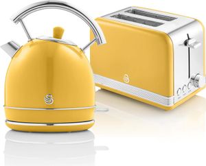 SWAN STP7050YELNEU Retro Set Frühstück, Wasserkocher 1,8L Kabellos, 2 Breitschlitz-Toaster, Vintage Gelb