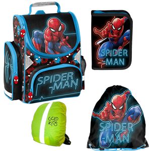 Spiderman Schulranzen ergonomischer Ranzen Turnbeutel Federmappe Aufgabenheft für die Grundschule 4er Set Lizenzartikel Marvel Spiderman Spider-man Comics