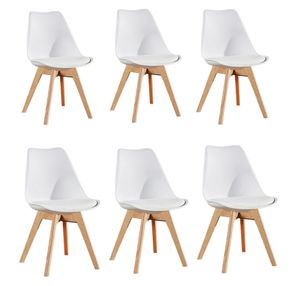 Ensemble de 6 chaises de salle à manger Lorenzo avec siège élégant en similicuir et pieds en bois massif - Blanc