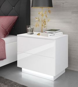 Domando Nachttisch Rapallo Modern für Schlafzimmer Breite 55cm, LED Beleuchtung in Weiß, Push-to-open-System in Weiß Matt und Weiß Hochglanz