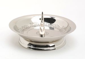 Kerzenteller Messing vernickelt Silber poliert mit Dorn für Kerzen Ø 10 cm Außen Ø 14 cm