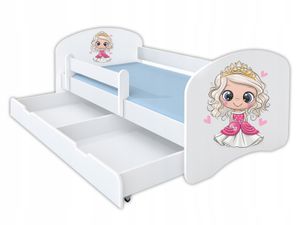 Kinderbett HAPPY 160x80 mit Matratze, Schublade, Rausfallschutz & Lattenrost in weiß - Prinzessin - Jungen Mädchen Bett