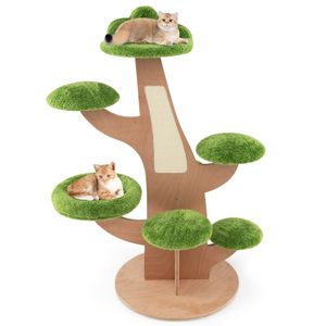 COSTWAY Katzenbaum 128cm, Kratzbrett mit Plüsch-Top-Perch und Springplattformen, Grün
