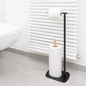 Navaris Toilettenpapierhalter stehend schwarz natur - Klopapierhalter Halter für Toilettenpapier WC Ständer - Klorollenhalter ohne Bohren - Metall Holz