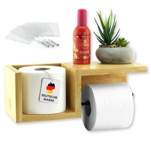 Felino® Toilettenpapierhalter Klopapierhalter Halterung Bambus Holz OHNE Bohren | Klorollenhalter selbstklebend mit Ablage | Modern Bad Zubehör