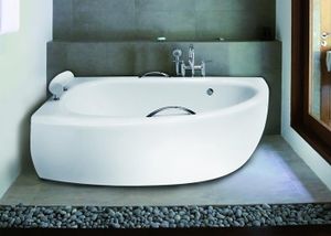 BADLAND Eckbadewanne Badewanne Milena Premium LINKS 150x70 mit Acrylschürze, Füßen, Handgriffen, Kopfstütze und Ablaufgarnitur GRATIS