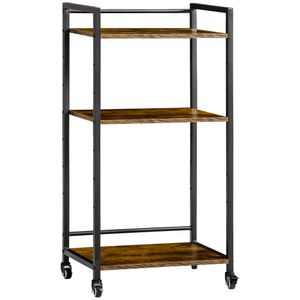 HOMCOM Lagerregal 3 Fächer Standregal mit höhenverstellbarer Regal Rollen Druckerständer Bücherregal Servierwagen Mikrowellenständer Industriedesign Metall Spanplatte Rustikal-Braun 50 x 35 x 100,5 cm