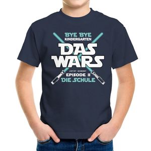 Kinder T-Shirt Jungen Bye Bye Kindergarten Das Wars jetzt kommt Episode 2 Geschenk zur Einschulung Schulanfang Moonworks® navy 122-128 (7-8 Jahre)