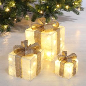 LED Geschenkboxen mit Timer 3er Set - CREME - Weihnachts Deko Boxen warm weiß beleuchtet Batterie betrieben mit Timer