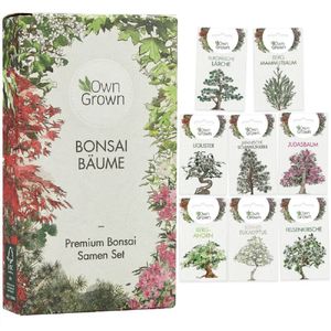 OwnGrownPremium Bonsai Starter Set/ Anzuchtsset mit 7 Sorten Bonsai Samen. 20 Quelltabletten, Schere, Pflanzensteckern