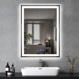 Puluomis Badspiegel 60x80 beschlagfrei mit 3 Farbe Beleuchtung, dimmbare Helligkeit, Badezimmerspiegel mit Digitaluhr, Temperatur wasserdicht silbern Puluomis Badspiegel 60x80 beschlagfrei mit 3 Farbe Beleuchtung, dimmbare Helligkeit, Badezimmerspiegel mit Digitaluhr, Temperatur wasserdicht silbern