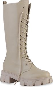 VAN HILL Damen Plateaustiefel Stiefel Schnürer Profil-Sohle Schuhe 838353, Farbe: Beige, Größe: 38