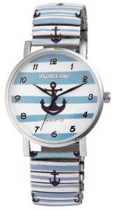 Excellanc Design Zugband Damen Armband Uhr Blau Weiß Maritim Anker Edelstahl