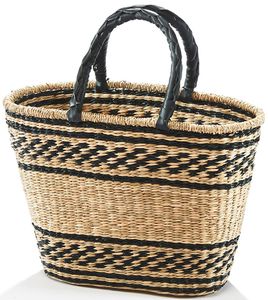 Kobolo Korbtasche Einkaufstasche Flechttasche aus Seegras mit zweifarbigem Muster Griffe aus Kunstleder