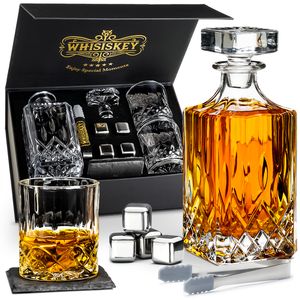 Whisiskey - Whisky Classic Karaffe - Whiskey Karaffe Set - 1000ML - Geschenke für Männer - Inkl. 8 Whisky Steine, Zange & 2 Whisky Gläser