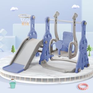 Merax 4 v 1 Detská šmykľavka Basketbalový stojan, lezecký rebrík a hojdačka, detská šmykľavka Záhradná šmykľavka pre interiér a exteriér, modrá