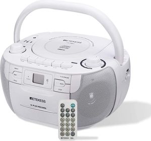 Retekess TR621 Przenośny odtwarzacz CD Boombox Stereo z radiem AM FM, odtwarzaczem kasetowym, magnetofonem kasetowym, obsługą USB/TF/słuchawek, z pilotem zdalnego sterowania (biały)