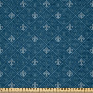 ABAKUHAUS Fleur De Lis Satin Stoff als Meterware, Mittelalter-abstraktes Blumengesteck-Muster mit alten barocken Elementen, 10 M (148 x 1000 cm), Blau grau